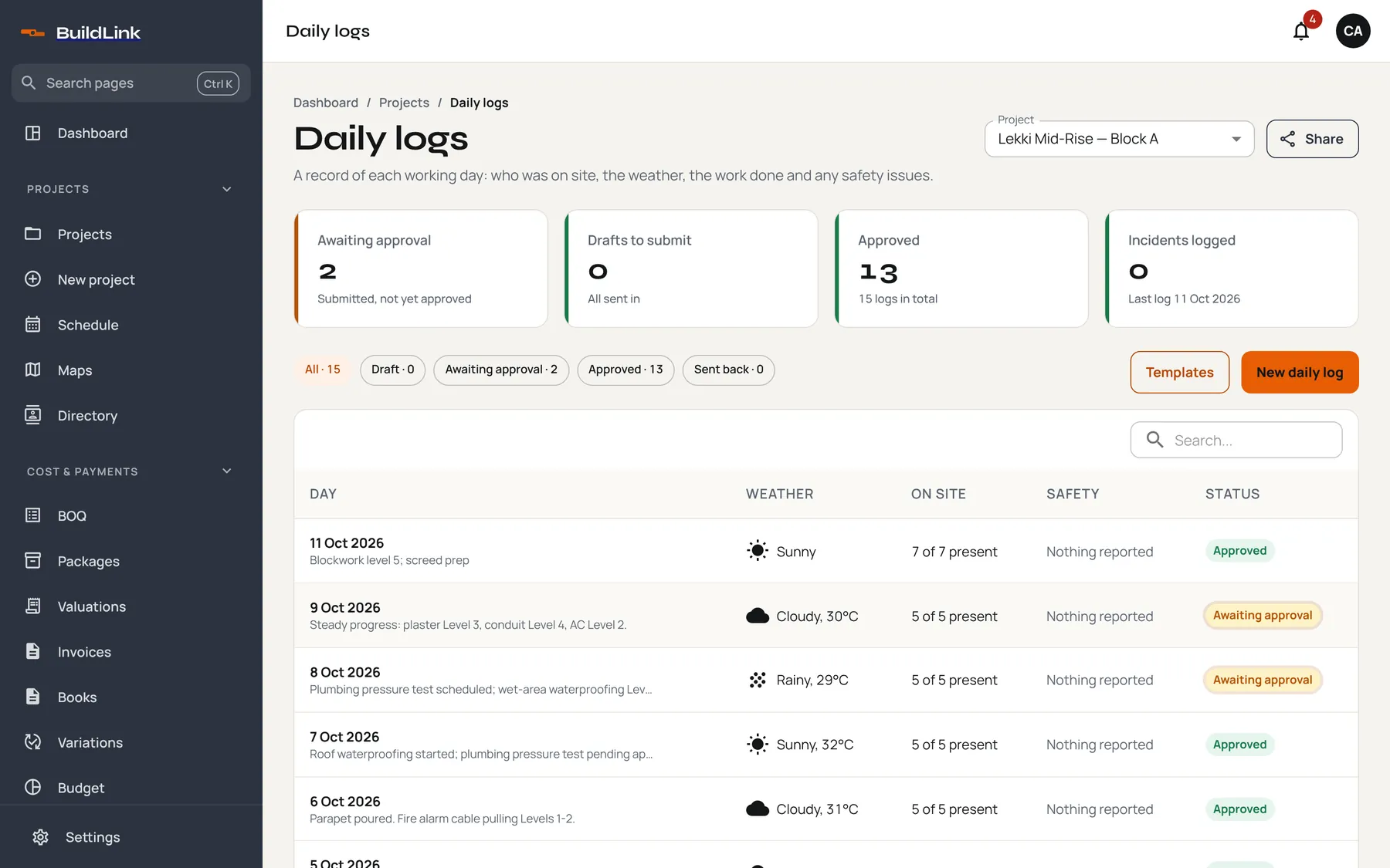 Daily logs with weather, crew and safety.