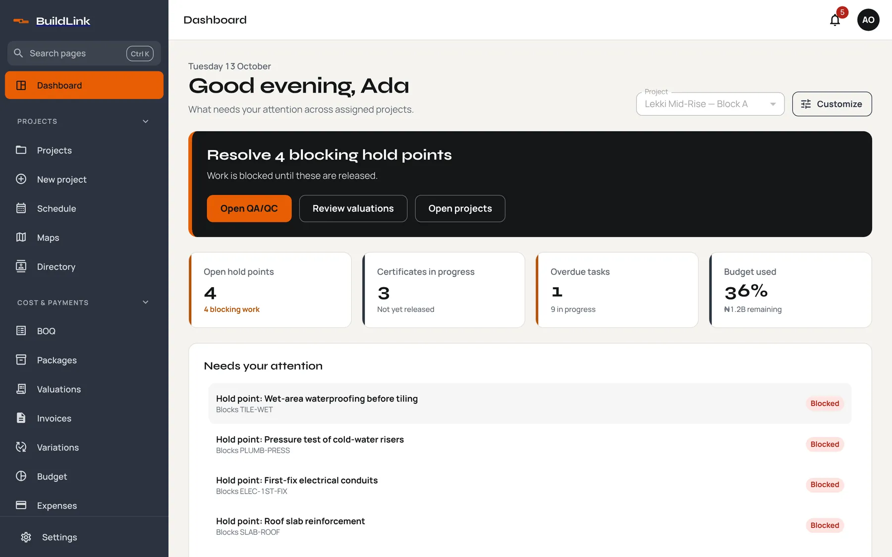 BuildLink dashboard showing four blocking hold points, certificates in progress and budget used.